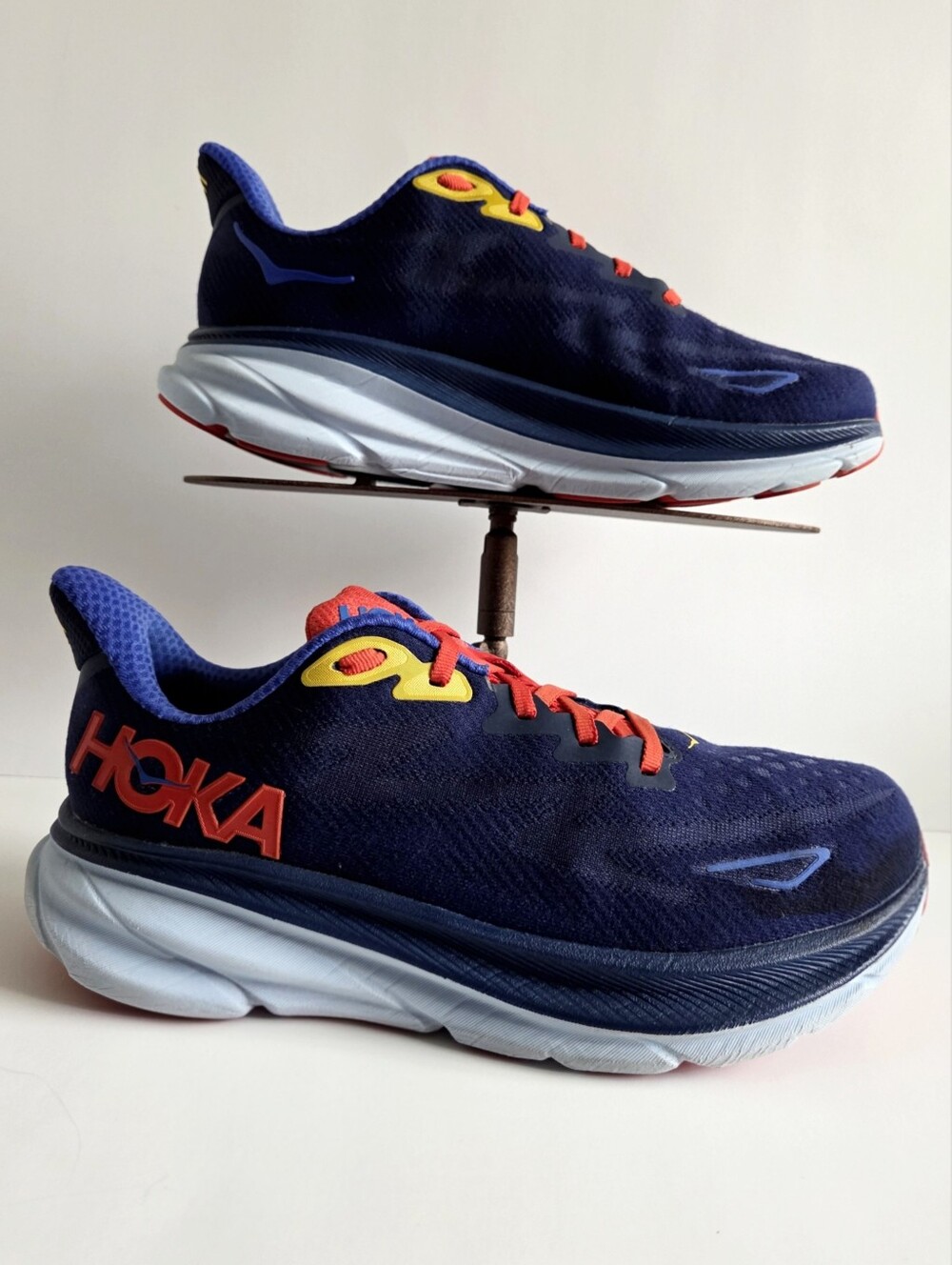 Hoka (8 Wide) Clifton 9 Road Running Shoes, Navy Blue Orange & Yellow - Picture 3 of 15